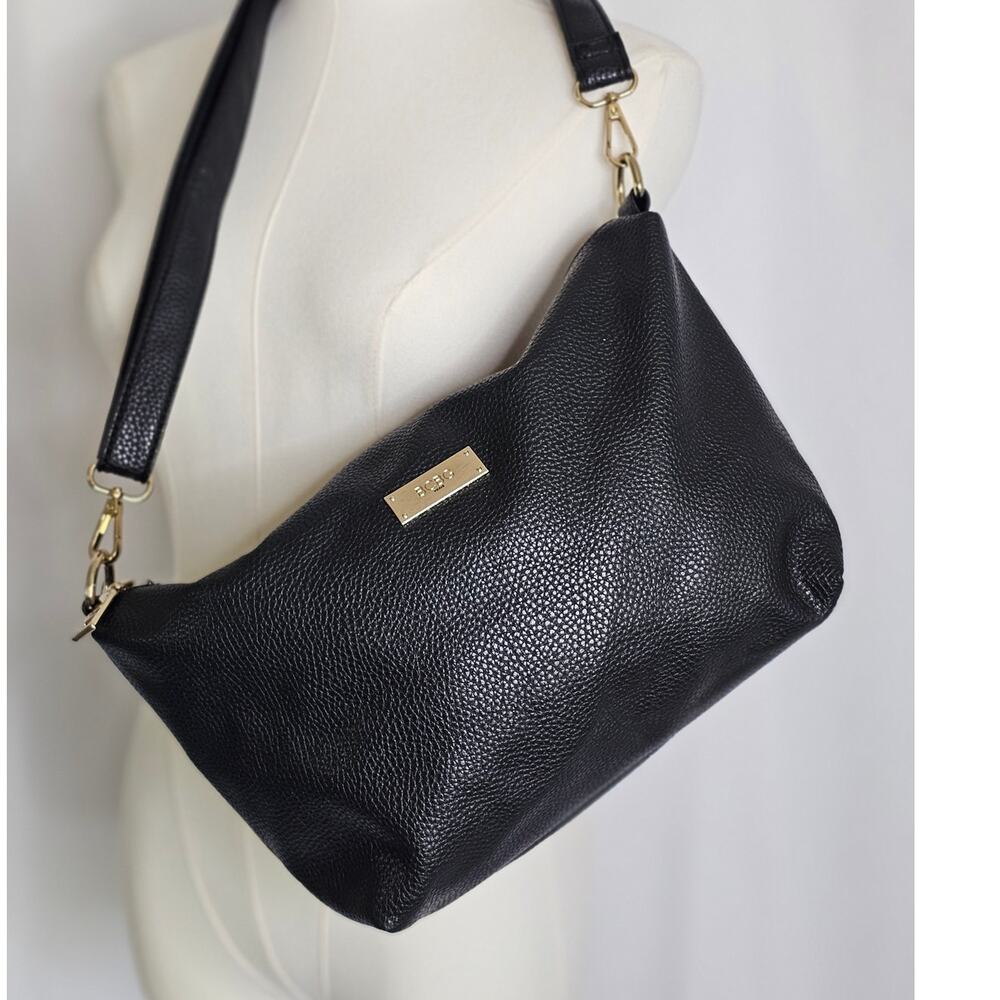 BCBG Paris Slouchy Hobo Pebbled Vegan‎ Leather Shoulder Bag Black/Gold